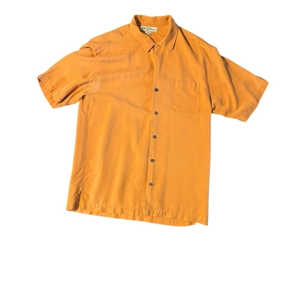 Tommy Bahama 100% Silk Men's M Orange Hawaiian Button Up Shirt  Short Sleeve